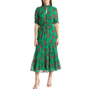 Betsey Johnson Rose Bud Ruffled Neckline Chiffon Midi Dress Size Medium NWT